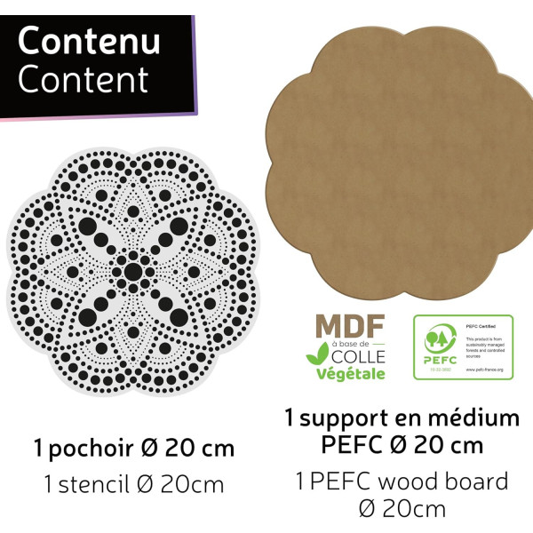 Pochoir - Pour dot painting - Mandala - 20cm - Forme en bois + support - Aladine