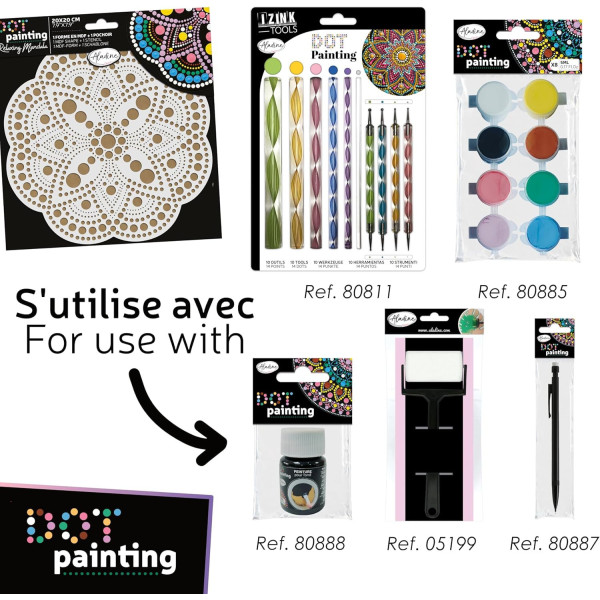 Pochoir - Pour dot painting - Mandala - 20cm - Forme en bois + support - Aladine