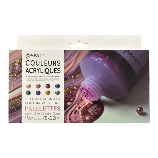 Peinture acrylique - Couleurs pailletées - 8 tubes de 22ml - Set d'initiation - AMT