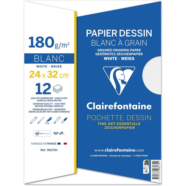 Papier dessin - 24x32cm - Blanc - 180g - 12 feuilles - Dessin - Peinture - Clairefontaine