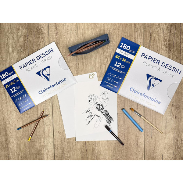 Papier dessin - 24x32cm - Blanc - 180g - 12 feuilles - Dessin - Peinture - Clairefontaine