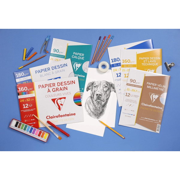 Papier dessin - 24x32cm - Blanc - 180g - 12 feuilles - Dessin - Peinture - Clairefontaine