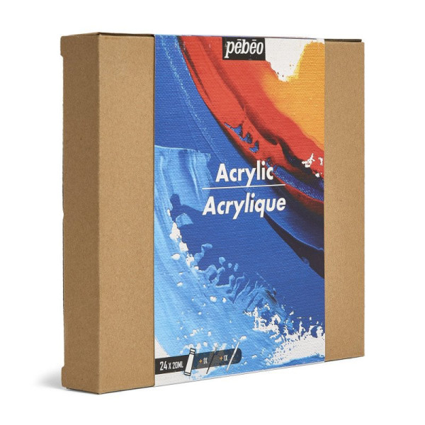 Peinture acrylique - Coffret 24 tubes de 20ml + pinceau + couteau - Pébéo