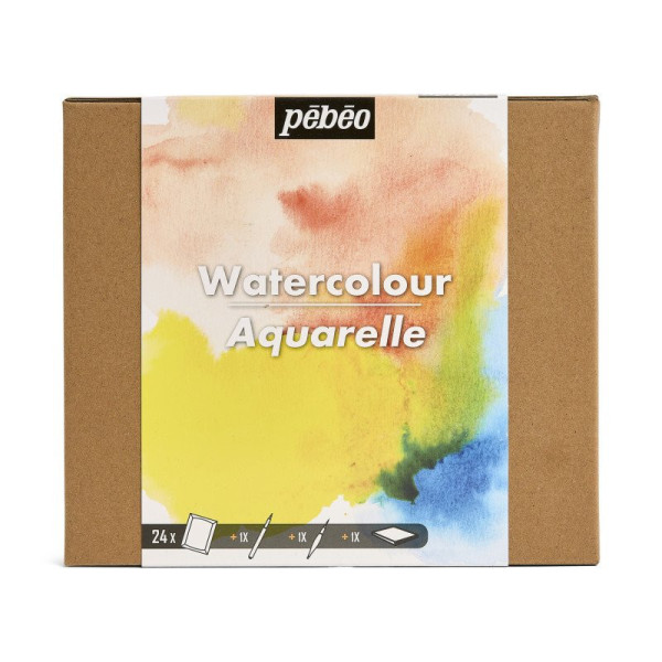 photo - Peinture aquarelle - Coffret 24 demi godets + 1 pinceau + 1 feutre + 1 carnet - Pébéo