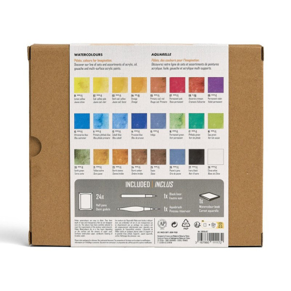 Peinture aquarelle - Coffret 24 demi godets + 1 pinceau + 1 feutre + 1 carnet - Pébéo