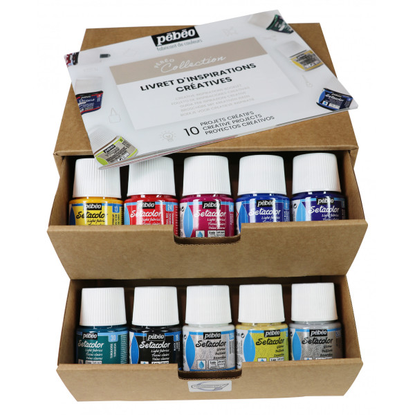 Peinture tissu - Pour tissus clairs - Coffret 10 pots 45ml + accessoires - Setacolor - Pébéo