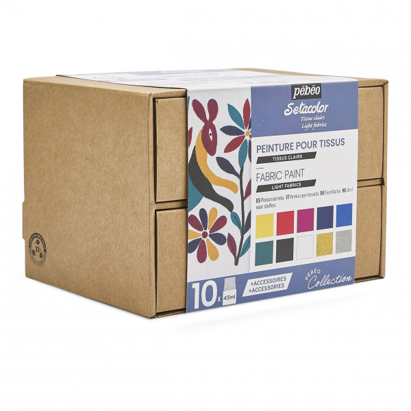 Peinture tissu - Pour tissus clairs - Coffret 10 pots 45ml + accessoires - Setacolor - Pébéo