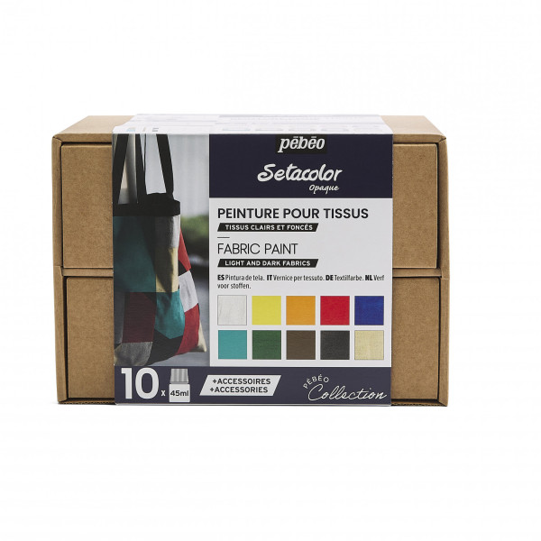 photo - Peinture tissu - Pour tissus clairs et foncés - Coffret 10 pots 45ml + accessoires - Setacolor - Pébéo