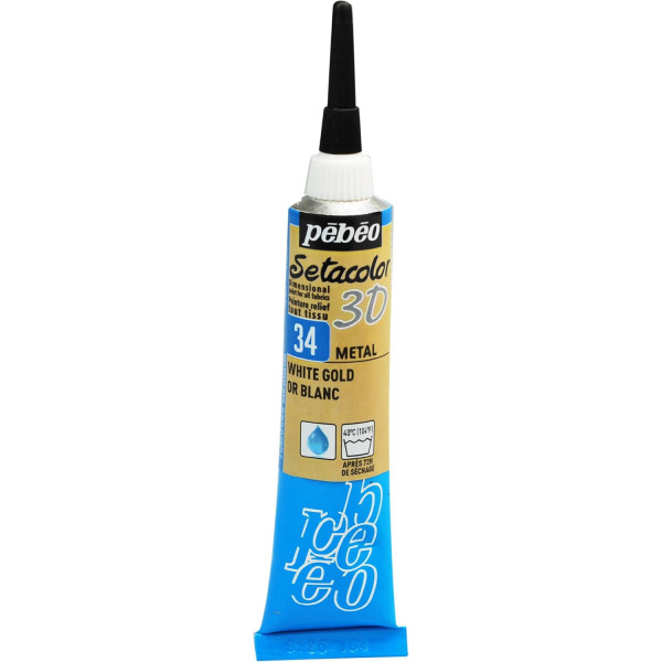 photo - Peinture pour tissus - Or blanc - Effet 3D métallique - Pébéo - Setacolor - Tube 20ml