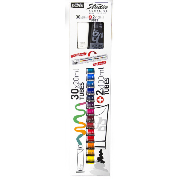 Peinture acrylique - Étude et Fine - 30 tubes de 20 ml + 2 tubes de 100ml - Pébéo Studio Acrylics
