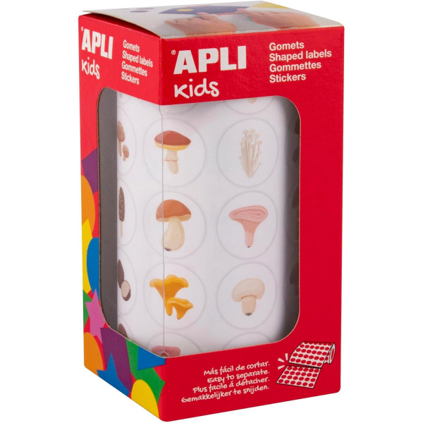 photo - Gommettes - Images champignons - Ronde - 20mm - Enfant - Rouleau 900 unité - Apli Kids
