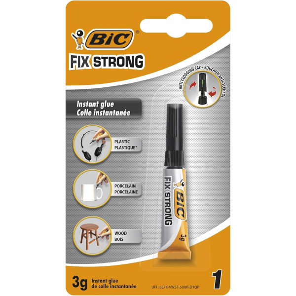 photo - Colle instantanée - Extra forte - Tous supports - Transparente - Bic Fix Strong - Tube de 3g