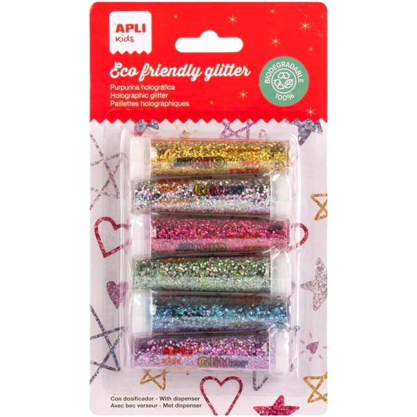 photo - Lot de 6 tubes de paillettes holographiques - Assortiment de couleurs - Loisirs créatifs enfant - Apli Kids