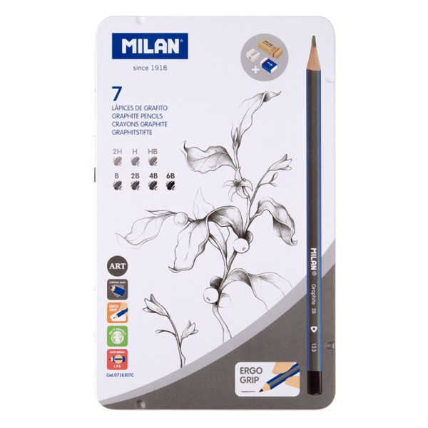 Crayons graphite - Assortiment de mines 2H,H,HB,B,2B,4B,6B + 2 gommes - Milan