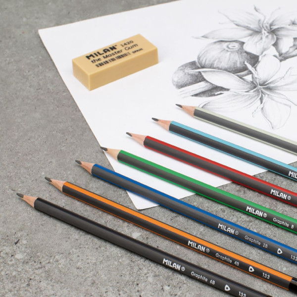 Crayons graphite - Assortiment de mines 2H,H,HB,B,2B,4B,6B + 2 gommes - Milan
