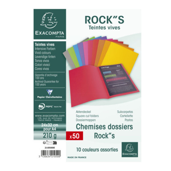 Paquet de 50 chemises - 24 x 32 cm - 210g - Rock's - Couleurs assorties - Exacompta