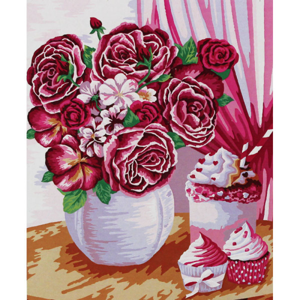 photo-Peinture par numéros - Fleurs et cupcakes rose - 30 x 40 cm - Niveau intermédiaire