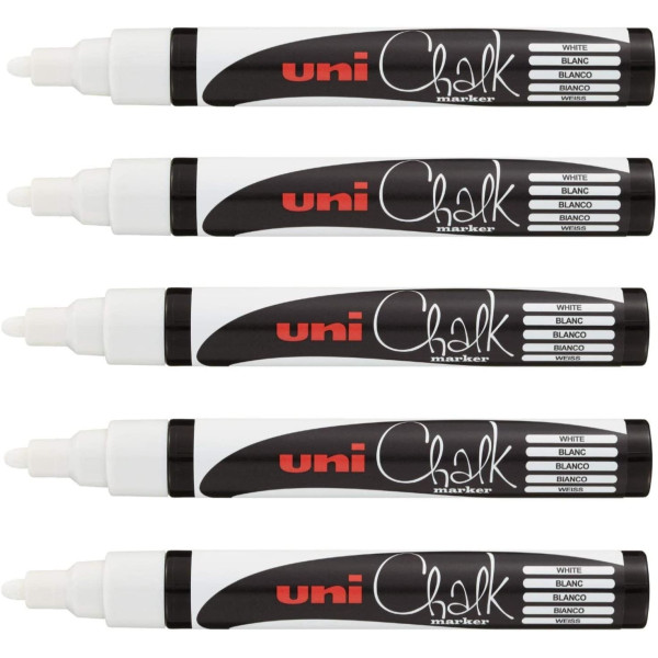 photo-Lot de 5 marqueurs craie Uni chalk marker Uni Ball pointe moyenne blanc