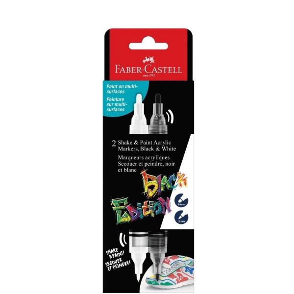 Etui de 2 Marqueurs acryliques - Noir et blanc - Multi-supports - Double pointes - Faber-castell - Black Edition - Shake & Paint