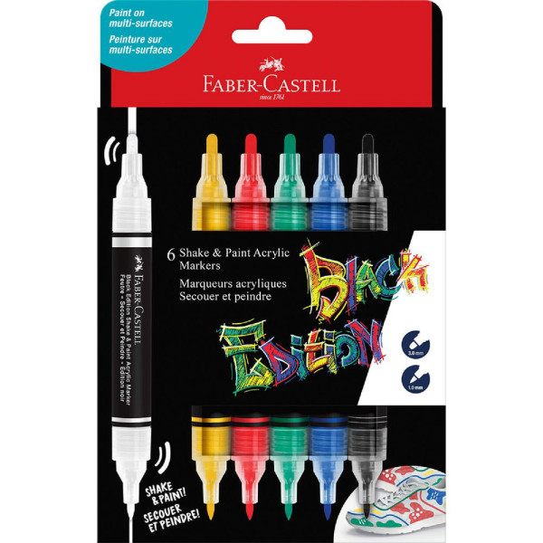 6 Marqueurs acryliques - Couleurs basiques - Multi-supports - Double pointes - Faber-castell - Black Edition - Shake&Paint