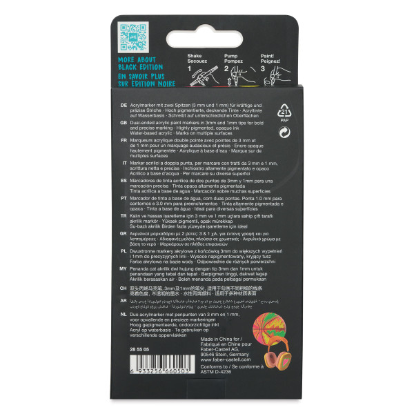 Etui de 4 Marqueurs acryliques - Couleurs Néon - Multi-supports - Double pointes - Faber-castell - Black Edition - Shake & Paint