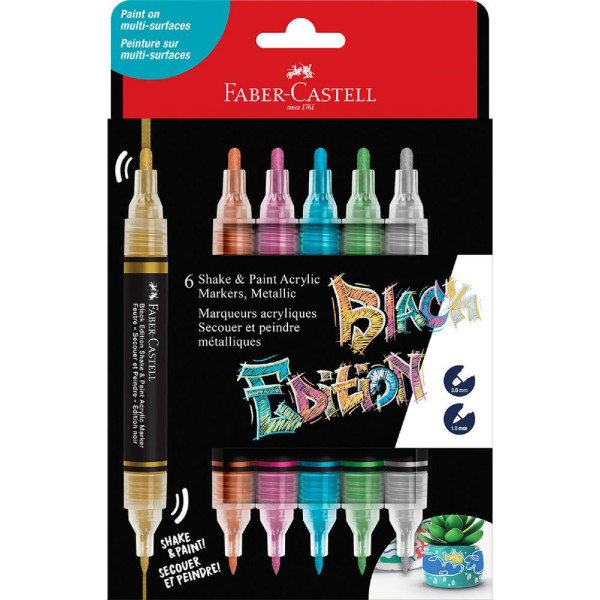 6 Marqueurs acryliques - Couleurs métallisées - Multi-supports - Double pointes - Faber-castell - Black Edition - Shake&Paint