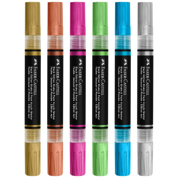 6 Marqueurs acryliques - Couleurs métallisées - Multi-supports - Double pointes - Faber-castell - Black Edition - Shake&Paint