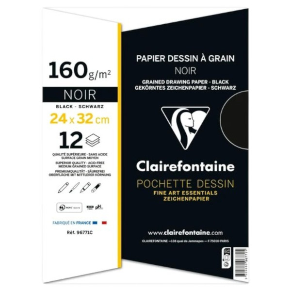 Papier dessin - 24x32cm - Noir à grain - Sans acide - 12 feuilles - 160g - Clairefontaine