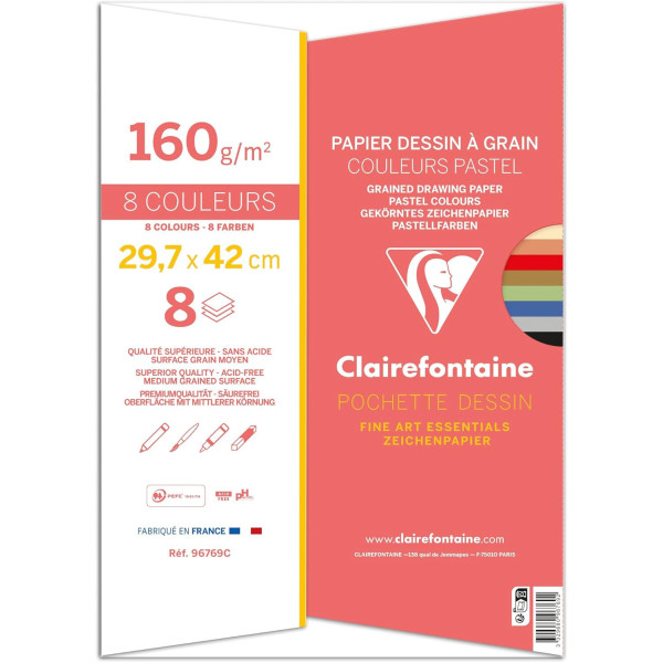 Papier dessin à grain - A3 29,7x42cm - Couleurs pastel - Sans acide - 8 feuilles - 160g - Clairefontaine