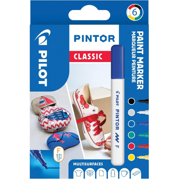 Marqueurs - A base d'eau - Tous supports - Couleurs classiques - 6 teintes - Pointe fine - Pilot Pintor