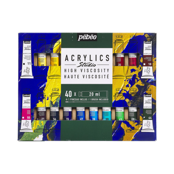photo-Peinture acrylique - Haut viscosité - Coffret 40 tubes 20ml + 1 pinceau - Pébéo Studio