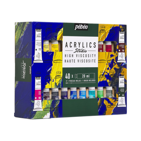 Peinture acrylique - Haut viscosité - Coffret 40 tubes 20ml + 1 pinceau - Pébéo Studio