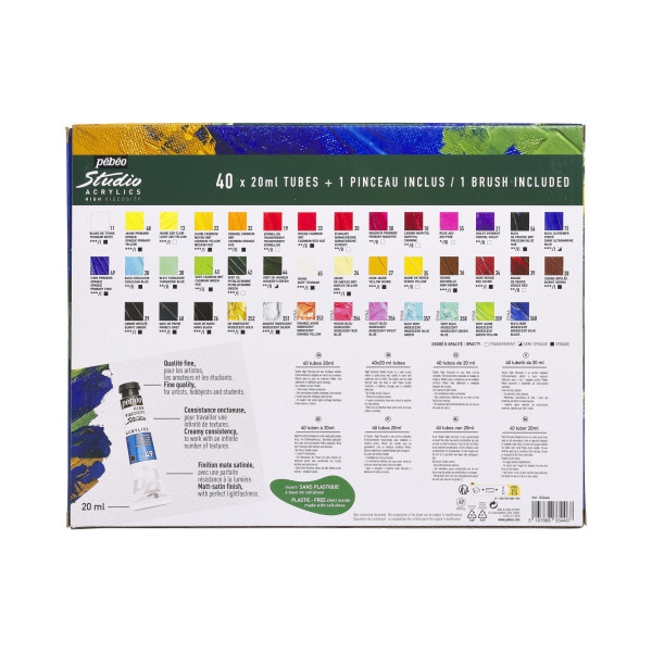 Peinture acrylique - Haut viscosité - Coffret 40 tubes 20ml + 1 pinceau - Pébéo Studio