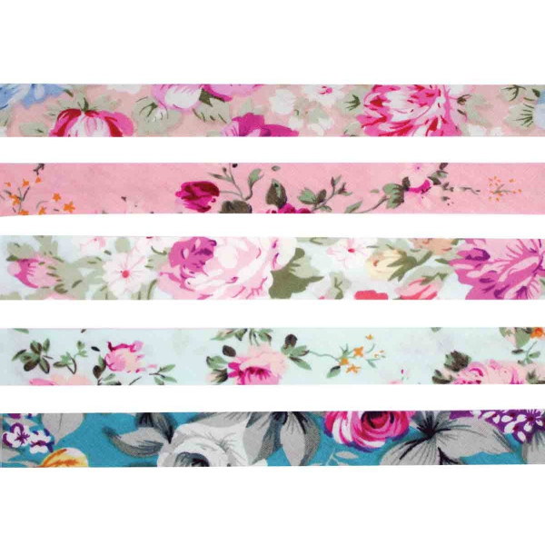 photo-Biais en coton - Finition pour couture - 1cm x 1m - Fleurs pastels - 5 pièces
