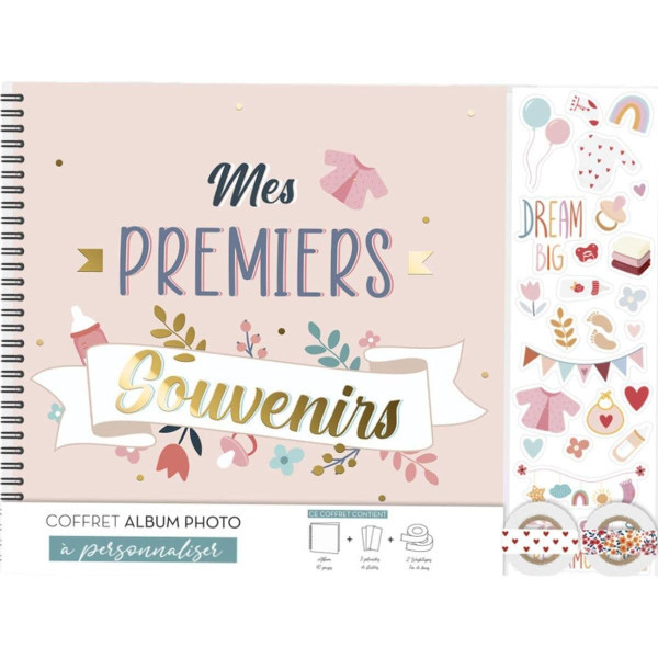 photo-Album photo - Naissance - Bébé - Fille - Rose - 40 pages - Inclus stickers + rubans