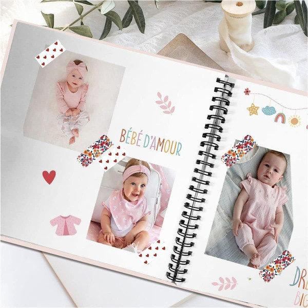 Album photo - Naissance - Bébé - Fille - Rose - 40 pages - Inclus stickers + rubans