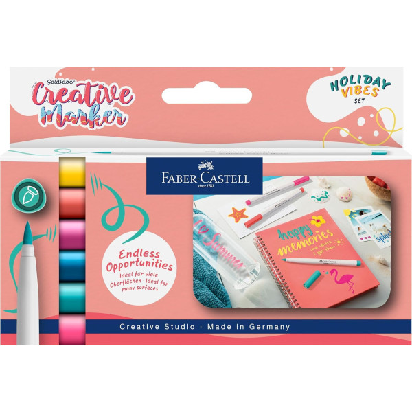 photo-Feutres créatifs - Indélébiles - 6 couleurs vives Holiday vibes - Pointe pinceau - Faber-Castell Creative marker