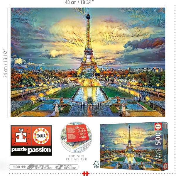 Puzzle - Tableau Tour Eiffel - 500 pièces - Dès 11 ans - 48x34cm - Educa