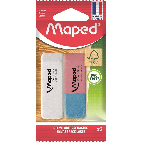photo-Lot de 2 gommes - Blanche - Double usages - Graphite et encre - Maped