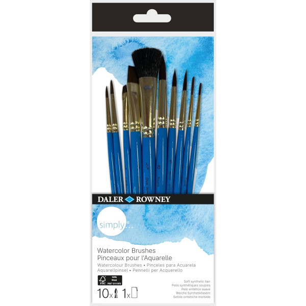 photo-Pinceaux - Rond - Traceur long - Plat lavis - Amande - Aquarelle - 10 pièces - Synthétique - Daler Rowney