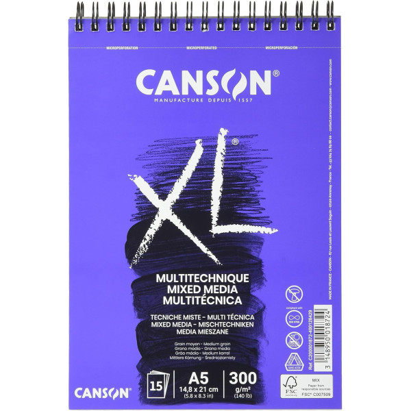 photo-Bloc - Multi techniques - A5 - 300g - 15 feuilles - Spirale - Grain moyen - Canson XL