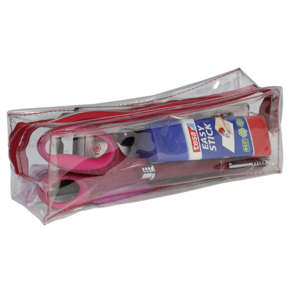 Trousse - Scolaire - Rectangulaire - Transparente - Plastique - Rouge - 1 compartiment