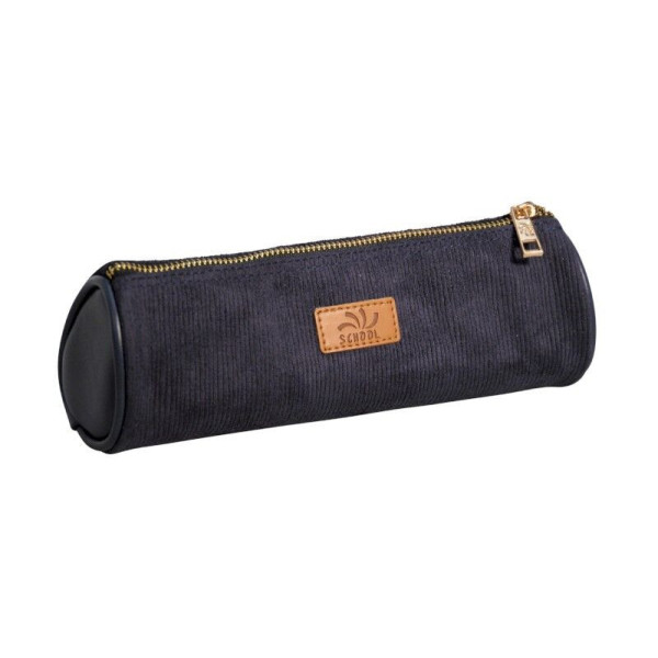 photo-Trousse - Scolaire - Ronde - Bleu marine - Cuir végan - Velours - 1 compartiment - School
