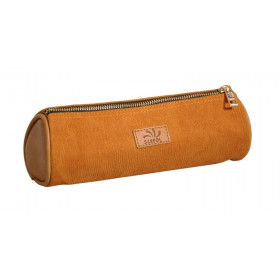 photo-Trousse - Scolaire - Ronde - Cognac - Cuir végan - Velours - 1 compartiment - School