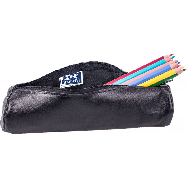 Trousse - Scolaire - Noir - Rond - Cuir lisse - 21x6 cm - Oxford