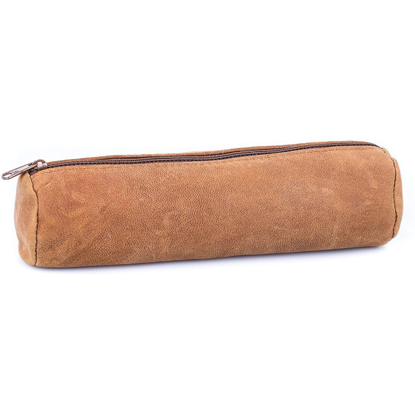 photo-Trousse - Scolaire - Marron - Rond - Cuir nubuck - 21x6 cm - Oxford