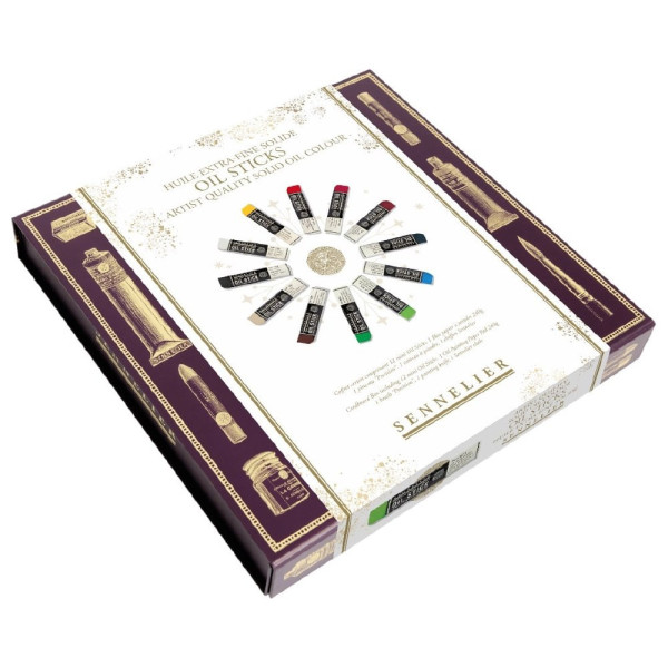 photo-Oil stick - Extra-fine - Solide - Coffret 12 couleurs + 1 bloc + 1 pinceau + 1 couteau + chiffon - Sennelier