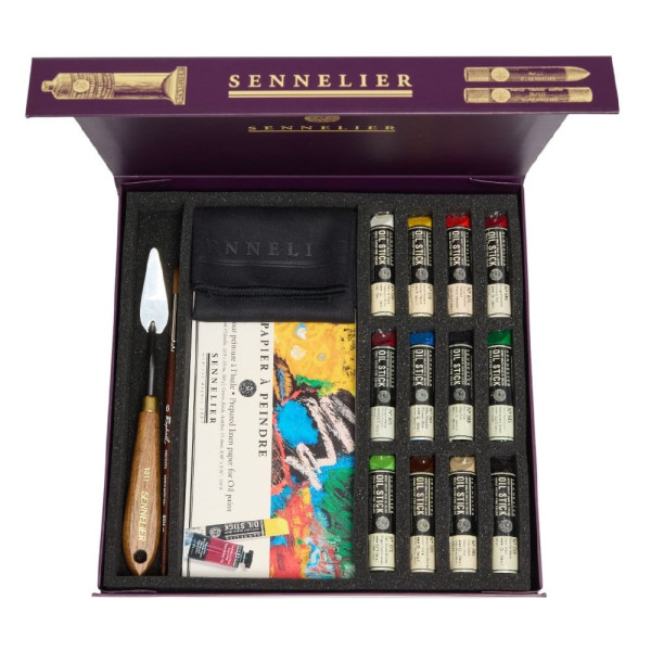 Oil stick - Extra-fine - Solide - Coffret 12 couleurs + 1 bloc + 1 pinceau + 1 couteau + chiffon - Sennelier