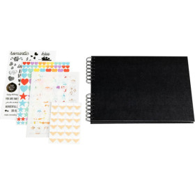 photo-Album scrapbooking - A personnaliser - 32x22cm - Noir - 70 pages noires - Stickers inclus