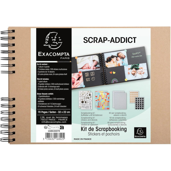 Album scrapbooking - A personnaliser - 32x22cm - Kraft - 70 pages noires - Stickers inclus